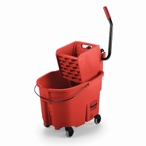 Rubbermaid Commercial Products WaveBrake 35 QT Side-Press Mop Bucket and Wringer Combo on Wheels Red for Heavy-Duty Floor Cleaning - color: Red