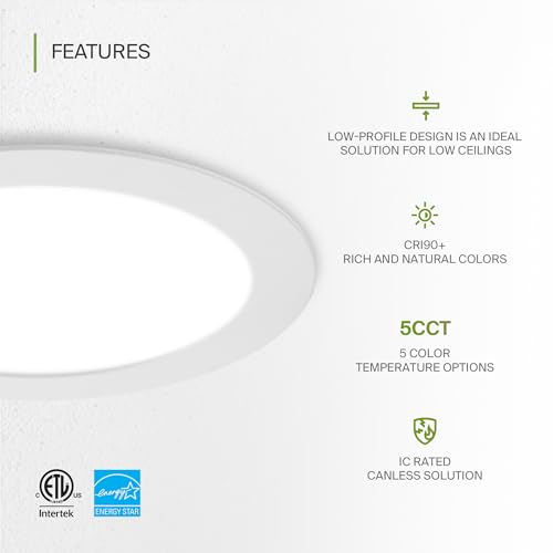 ASD 6 Pack LED Recessed Lighting 6 Inch 12W, 5 CCT 2700K-5000K CRI90+, IC Rated Ultra Thin Dimmable Ceiling Lights with J Box, Canless Wafer Downlight, Round Slim Panel Light, Energy Star ETL, White - color: White, size: 6 Inch 6 Pack