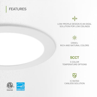 ASD 6 Pack LED Recessed Lighting 6 Inch 12W, 5 CCT 2700K-5000K CRI90+, IC Rated Ultra Thin Dimmable Ceiling Lights with J Box, Canless Wafer Downlight, Round Slim Panel Light, Energy Star ETL, White - color: White, size: 6 Inch 6 Pack