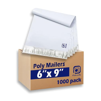 POLYSELLS 1000 pcs 6x9 Inches White x Silver Poly Mailers Shipping Envelopes, Strong Adhesive Sealing, Waterproof, and Tear-resistant Postal Mailing Bags for Clothing, Books, and Accessories - size: 6"x9" 1000 PCS
