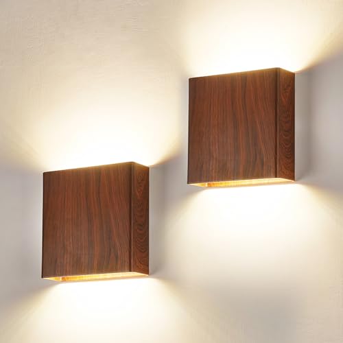 2 Pack Indoor Outdoor Walnut Wood Grain Up and Down LED Wall Light, Modern Bedroom/Porch Wall Lamp, IP65 Waterproof, 5%-100% Dimmable 18W 1620lm, 5CCT (2700K-5000K), CRI 90+, 120V-277V - color: Walnut wood, size: 2pack