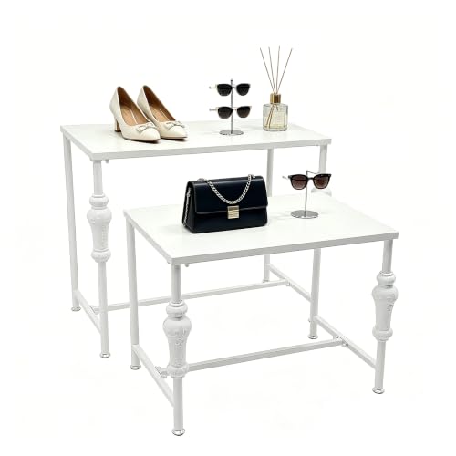 Nesting Tables Metal Shoe Handbag Display Stand, 2 Set Boutique Retail Display Tables, Retro Standing Display Riser Shelf for Retail Stores (White) - color: White