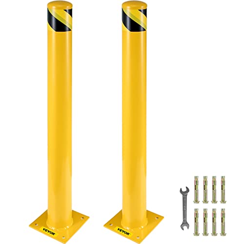 Happybuy Safety Bollard, 48" Steel Bollard Post, 5.5" Diameter, Yellow Powder-Coated Steel, Includes 8 Anchor Bolts, Ideal for Traffic-Sensitive Areas