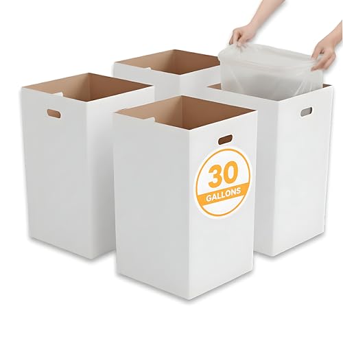 30 Gallon Extra Large Disposable Trash Cans (4 Pack) - Heavy Duty Corrugated Cardboard Pop Up Garbage Bins with Waterproof Coating, Foldable Reusable Recycling Bin Boxes for Parties, Events & Home