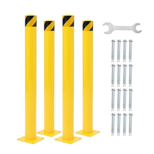 4-Pack Heavy Duty Safety Bollards, 48" Height, 4.5" Diameter Steel Pipe Bollard Post with 16 Anchor Bolts, High-Visibility Yellow Parking Bollard for Traffic Control, Warehouses, & Pedestrian Safety - size: 48 inch