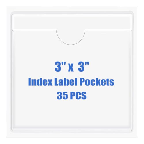 Origin-Joy 35 PCS Self Adhesive Index Card Pockets with Top Open, Clear Plastic Label Holder for Cards of Note, Library and Business, Adhesive Label Pockets & Card Holder (3 x 3 inch) - size: 3 x 3 inch, style: Horizontal