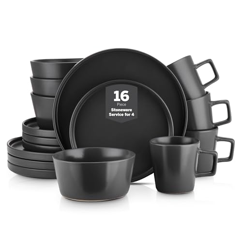 Stone Lain Celina Stoneware 16 Piece Dinnerware Set, Plates and Bowls, Black Matte Dish, Service for 4 – Minimalist Round Style, Microwave & Dishwasher Safe - color: Matte Black, size: Service For 4, style: Dinnerware Set