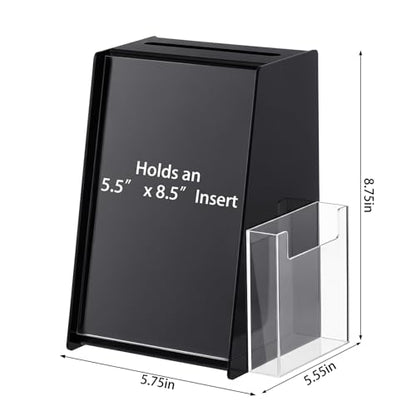 Black Acrylic Ballot Box with 5.5” x 8.5” Sign Holder and Brochure Pocket Donation Suggestion Ballot Box with Lock for Countertop Trade Shows, Card Collector Weddings & Events