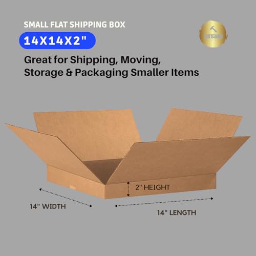 (25 Pack) Flat Shipping Boxes 14"L x 14"W x 2"H | Corrugated Cardboard Single-Wall Small Kraft Boxes for Moving, Packing and Storage - size: 14x14x2