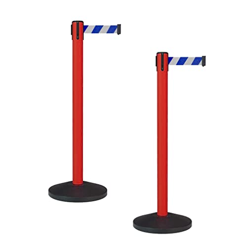 Montour Line MS630 Set of 2 Retractable Belt Barrier Stanchion, Sloped Base, Red Post (7.5 ft Blue and White Diagonal Belt) - color: Blue and white diagonal, size: 7.5 ft