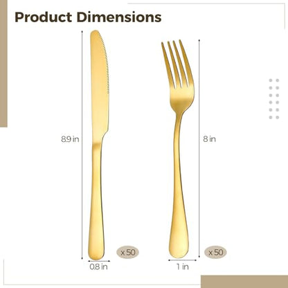 100 Pcs Gold Silverware Set - Includes 50 Forks and 50 Knives - Stainless Steel Forks and Knives Flatware Tableware Cutlery Set for Wedding Dinner Party Restaurant Holiday Party
