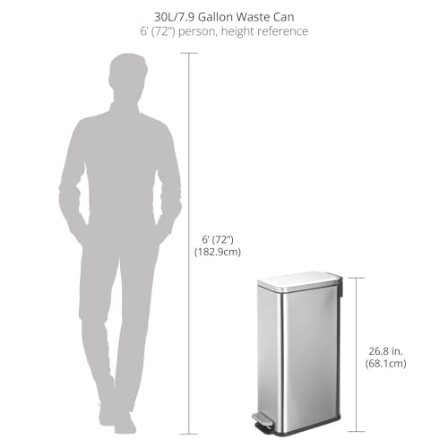 mDesign Slim Metal Rectangle 7.9 Gallon Trash Can with Step Pedal, Easy-Close Lid, Removable Liner - Narrow Wastebasket Garbage Container Bin for Bathroom, Bedroom, Kitchen, Office - Brushed Chrome - color: Brushed, size: 7.9 Gallon