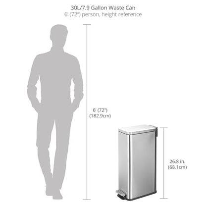 mDesign Slim Metal Rectangle 7.9 Gallon Trash Can with Step Pedal, Easy-Close Lid, Removable Liner - Narrow Wastebasket Garbage Container Bin for Bathroom, Bedroom, Kitchen, Office - Brushed Chrome - color: Brushed, size: 7.9 Gallon