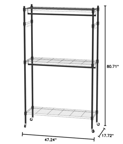 Homdox Double Rod Closet 3 Shelves Wire Shelving Clothing Rolling Rack Heavy Duty Garment Rack with Wheels and Side Hooks - color: Black, size: 17.72"D x 47.24"W x 80.71"H