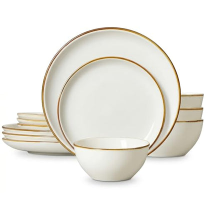 ONEMORE Plates and Bowls Set, Dinnerware Sets for 4, Porcelain Kitchen Dishes Set 12pcs, Scratch Resistant, Modern Aesthetic Dishware Sets- Microwave & Dishwasher Oven Safe,Farmhouse Style Cream White - color: Cream White