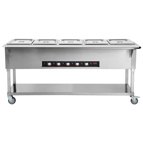 VEVOR 5-Pan Commercial Food Warmer, 5 x 20.6QT Electric Steam Table, 3750W Professional Buffet Catering Food Warmer with 4 Wheels (2 Lockable), Food Grade Stainless Steel Server for Party Restaurant - size: 5-Pan (103 QT)