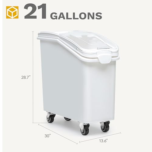 DWVO 21 Gal Large Ingredient Storage Bin, Flour Rice Food Storage Containers Bin with 500 Cups, Commercial Bins with 360° Wheels, Scoop and Lid for Kitchen, White - size: 21 Gal