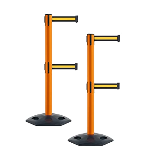 Montour Line MSR630D Retractable Belt Barrier Stanchions, Set of 2 - color: Black with Yellow Horizontal Stripe, size: 7.5 ft
