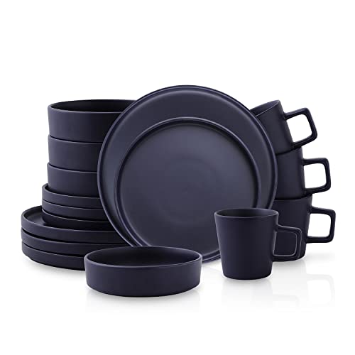 Stone Lain Cleo Modern Stoneware 16-Piece Dinnerware Set, Plates and Bowls Set, Dish Set Service For 4, Dark Blue - color: Dark Blue, size: Service For 4, style: Dinnerware Set