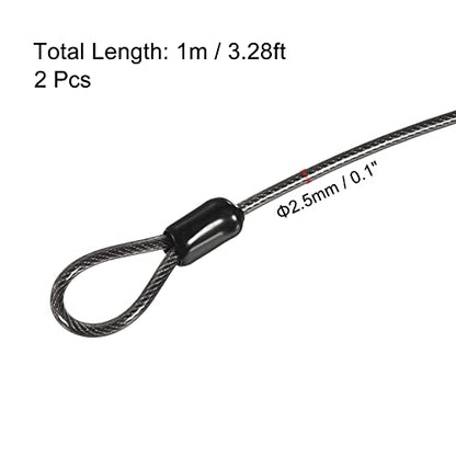 PATIKIL Security Steel Cable 2.5mm x 1m/3.28ft Coated Luggage Lock Wire Rope with Double Loop Black 2 Pack - color: Black, size: 2.5mmx1m