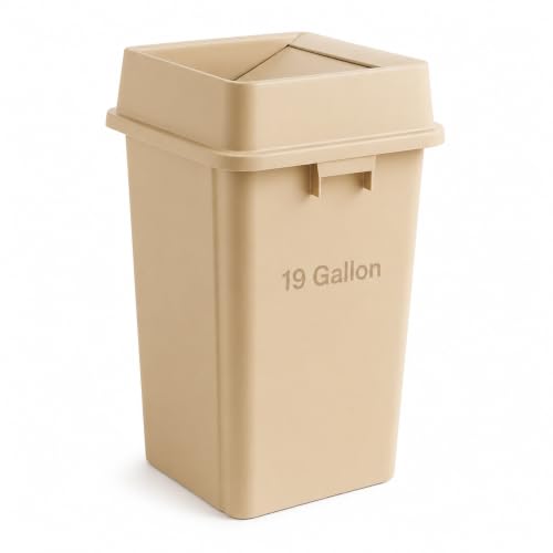 1 Pack Beige 19 Gallon Square Commercial Trash Can with Lid, Heavy Duty Plastic Waste Bin with Venting Channels and Built-in Handles - color: Beige, size: 19 Gallon