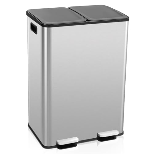 Goplus Dual Trash Can, 16 Gallon/ (2x30L) Double Trash and Recycling Bin Combo for Kitchen, Stainless Steel Garbage Can with 2 Removable Inner Buckets, Soft Closure & Step-on Pedal - color: Silver, size: 16 Gallon