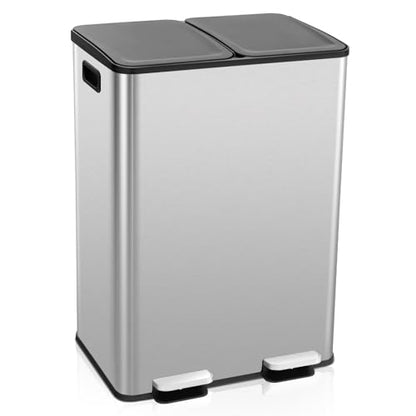 Goplus Dual Trash Can, 16 Gallon/ (2x30L) Double Trash and Recycling Bin Combo for Kitchen, Stainless Steel Garbage Can with 2 Removable Inner Buckets, Soft Closure & Step-on Pedal - color: Silver, size: 16 Gallon