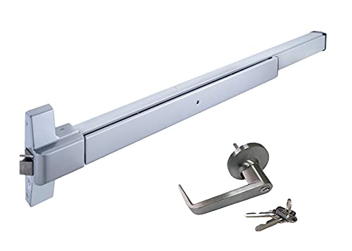 QCAA Rim Type 5010 Push Panic Bar Exit Device, Compatible to Market Branded C Keyway, Aluminum Finish, with Entrance Function Exterior Lever Lock - color: Aluminum Finish, size: Set of 1
