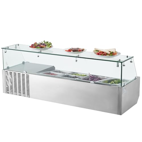 VEVOR Refrigerated Condiment Prep Station, 130W Countertop, Two 1/3 and Four 1/6 Pans, 304 Stainless Body, PC Lid, Sandwich Prep Table with Glass Guard, 3.79 Cu. Ft.