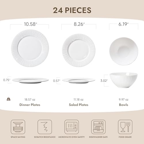 KINGSTONE 24Pc Bone China Dinnerware Set & 40Pc Flatware Combo Set for 8 - color: White-striped, size: service for 8-64pcs