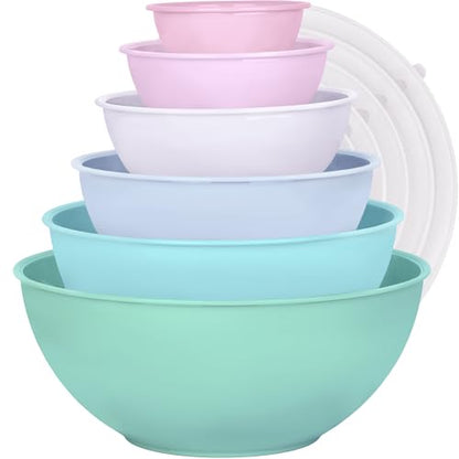 BoxedHome BPA Free Plastic Round Mixing Bowl with Lids, 12 Pack Nesting Bowls with Lids Set, Microwave and Dishwasher Safe Prep & Serving Bowls Great for Mixing, Baking, Serving (pinkish green, 12pcs) - color: Pinkish Green