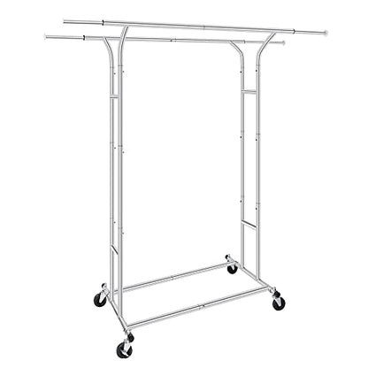 Fishat Silver 60" H Heavy Duty Double Rod Rolling Garment Clothes Rack - color: Chrome