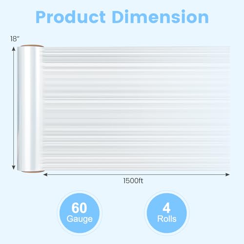 18" Shrink Wrap, 1500 Feet Heavy Duty 60 Gauge Plastic Wrap Stretch Film Shrink Wrap Roller for Moving, 12 Pack Stretch Wrap for Packing, Moving Supplies, Furniture & Pallets - size: 12 Rolls