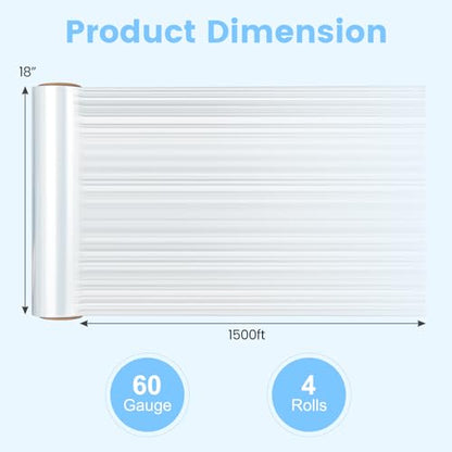 18" Shrink Wrap, 1500 Feet Heavy Duty 60 Gauge Plastic Wrap Stretch Film Shrink Wrap Roller for Moving, 12 Pack Stretch Wrap for Packing, Moving Supplies, Furniture & Pallets - size: 12 Rolls