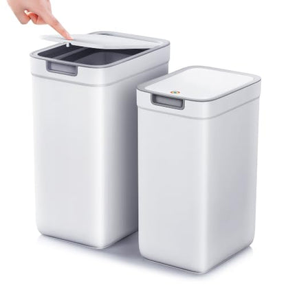 funest 2 Pack Slim Wall Mount Trash Can with Lid, No Drill Hanging Small Garbage Bin for Bathroom Kitchen, Dual Use Floor Standing Narrow Odor Block Press Top Waste Basket for RV Office Bedroom