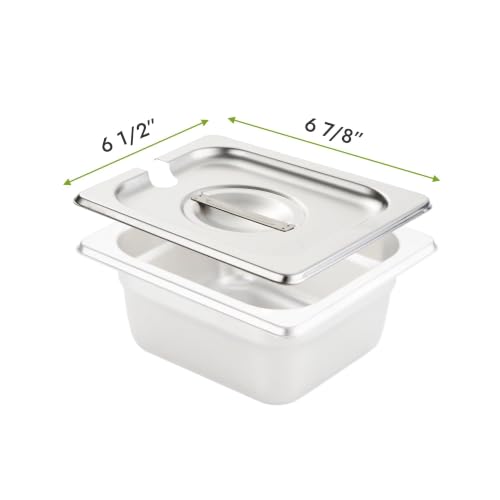 HECMAC 6-Pack 1/6 Size Notched Hotel Pan Cover, Heavy Duty, Stainless Steel Solid Steam Table Catering Food Pan Lid with Handle, 23 Gauge - size: 1/6 Size, Notched Lid