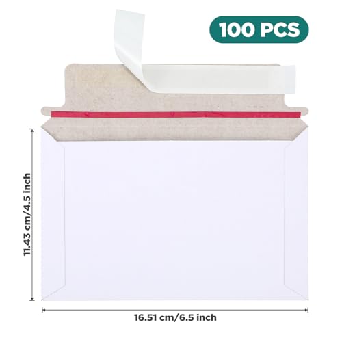 100 Pack 6.5x4.5 Inch Rigid Mailers Self Seal Stay Flat White Cardboard Photo Document Shipping Envelopes Small Mailers for Photos, CD, Certificates, Art Prints, and Documents