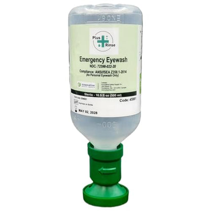 Sterile Saline Eyewash Solution 2-Pack - 500 mL (16.9 fl oz) Bottles + Ergonomic Cup - Emergency Eye Station Refill for Flushing & Irrigating Eyes, 8.5" H, 3" W, 3" L, by Plum
