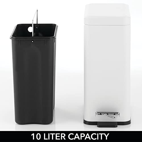 mDesign Pedal Bin — Waste Bin with Pedal, Lid and Plastic Bucket Insert for Bathroom, Kitchen, and Office — Metal Household Rubbish Bin with Ergonomic Design — White - color: White, size: 2.6 Gallon