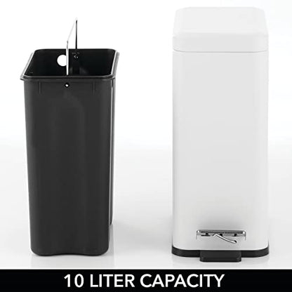 mDesign Pedal Bin — Waste Bin with Pedal, Lid and Plastic Bucket Insert for Bathroom, Kitchen, and Office — Metal Household Rubbish Bin with Ergonomic Design — White - color: White, size: 2.6 Gallon