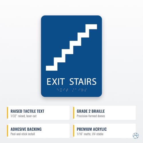 Alpha Dog Exit Stairs Sign, 8x6 ADA Braille Sign, Blue - color: Blue, size: Exit Stairs