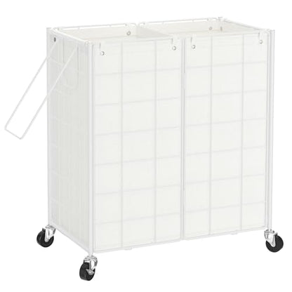 WOWLIVE Double Laundry Hamper with Wheels, Metal Rolling Laundry Basket - color: White, size: 120l