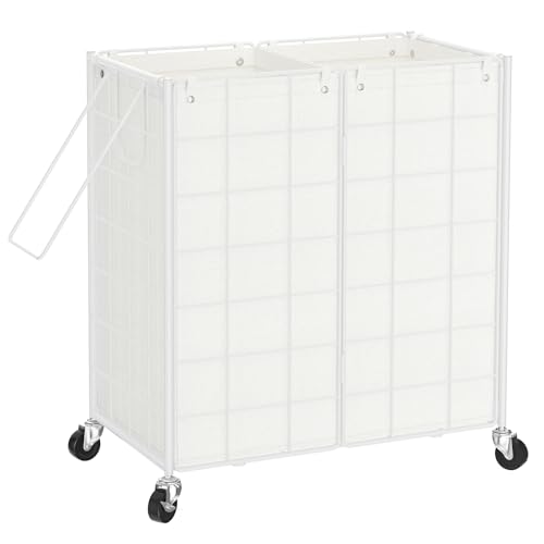 WOWLIVE Double Laundry Hamper with Wheels, Metal Rolling Laundry Basket - color: White, size: 120l