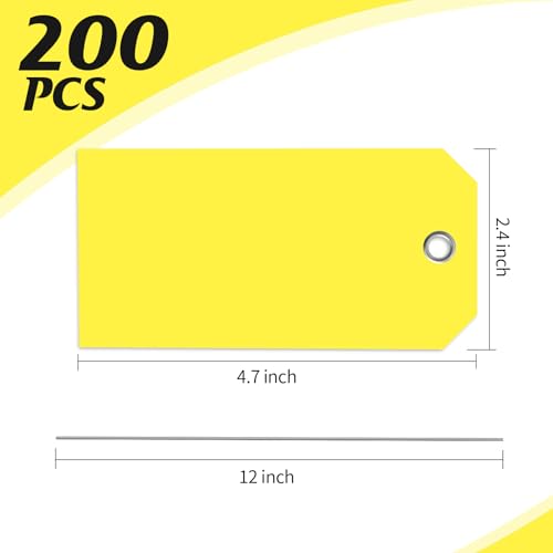 4 3/4" x 2 3/8" Shipping Tags with Wire Paper Heavy Duty Hang Tags with Reinforcement Holes Writable Luggage Tag with String Durable Marking Tags (200, Neon Yellow, 4 3/4" × 2 3/8") - color: Neon Yellow, size: 4 3/4" × 2 3/8"