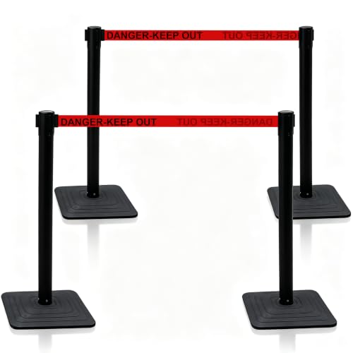 OrangeStar 4-Pack Crowd Control Stanchions, Heavy Duty Stanchion Set - color: Red-DANGER-KEEP OUT