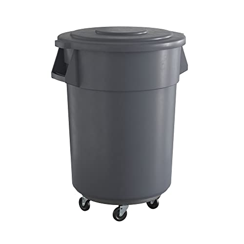 55 Gallon Gray Round Commercial Trash Can with Lid and Dolly, Heavy-Duty Food Grade NSF Certified, Perfect for Restaurant, Office, School, Garage, Backyard, Workshop, Warehouse - color: Gray, size: 55 Gallon, style: Trash Can with Lid and Dolly