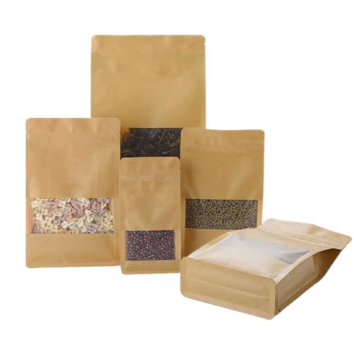 50 Pcs Kraft Paper Resealable Bags with wider bottom, 6.3" x 10.2" Zipper Food Storage Bags with Window, Stand Up, Reusable, Sealable, for Packaging Products - color: Brown, size: 6.3" x 10.2"