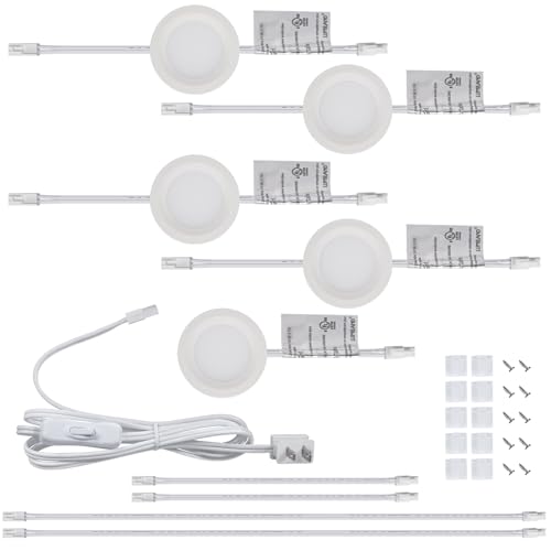LUMILAND Wired LED Puck Lights (2.7Wx5) Plug-in Lighting Natural White (4000K), LED Cabinet Light for Kitchen Can Be Surface Mount or Recess Mount, White - color: White-5 Pack, size: 4000K