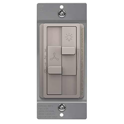 TOPGREENER Ceiling Fan Control and Light Dimmer Switch, 3-Speed, Nickel - color: Nickel, size: Dimmer Switch with Fan