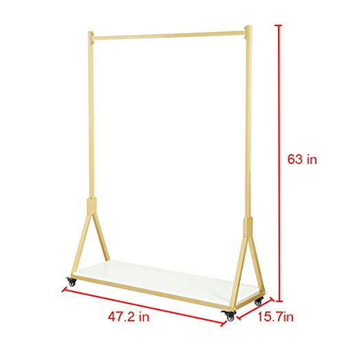 Clothing Store Modern Simple Metal Rolling Garment Rack with Wheels,Retail Display Rack with Wood, Single Rod Floor-Standing Hangers Dress Clothes Shelves (Gold Square Tube, 47.2 L)